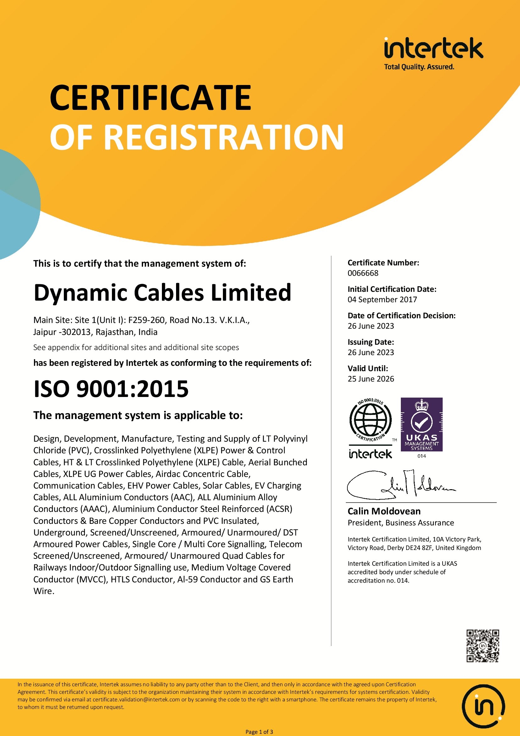 Dynamic Cable's certificate of registration